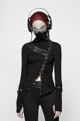 Black High Collar Long Sleeves Zipper Leather Buckle Women's Steampunk T-Shirt